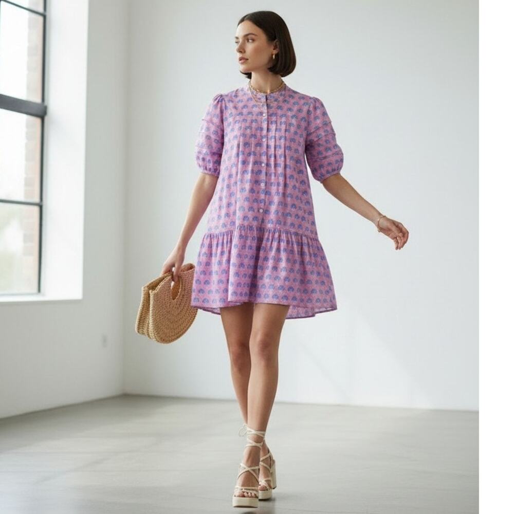 Entro NWT Purple Cotton Babydoll Mini Dress with Puff Sleeves Sz M